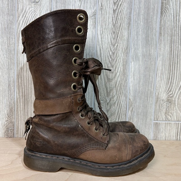 Dr. Martens Shoes - Dr. Martens Triumph Distressed Brown Fold Over Floral Ribbon Lace Boot SZ 9